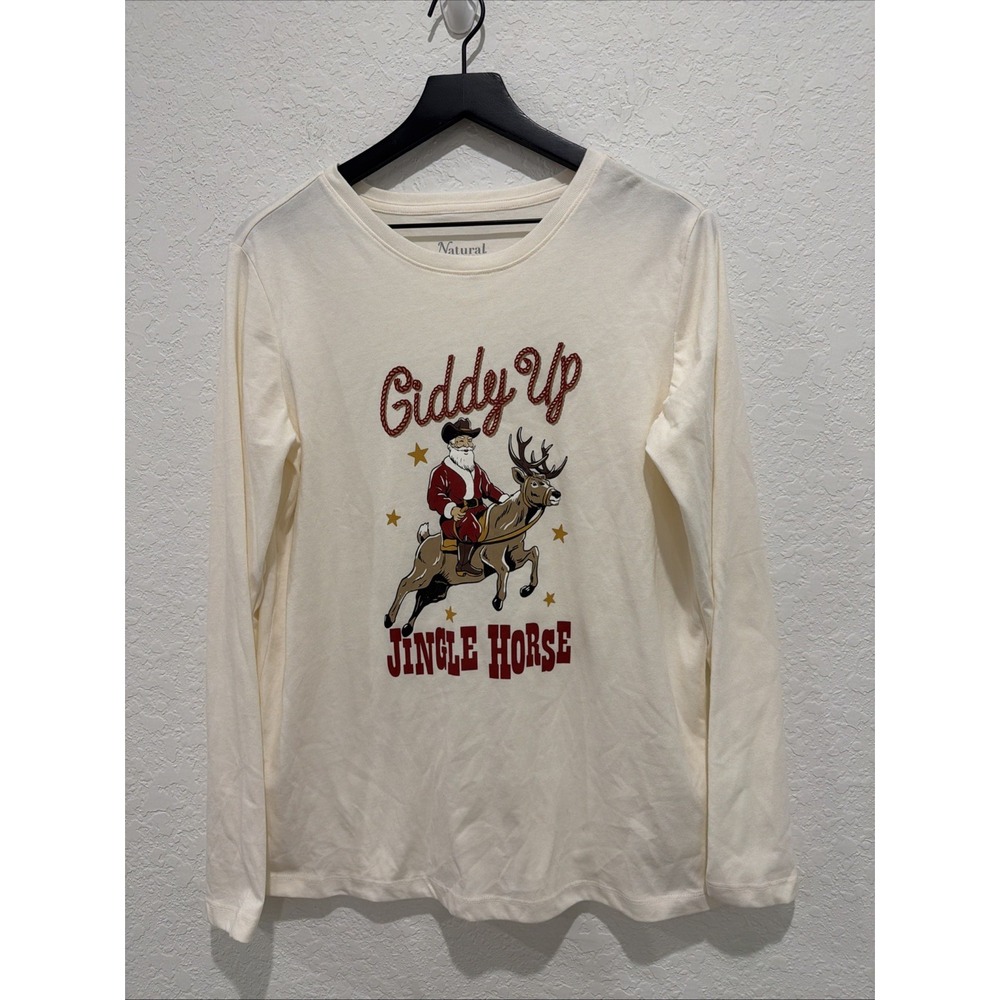 Natural Reflections Women's Giddy Up Jingle Horse Santa Reindeer Large Cream